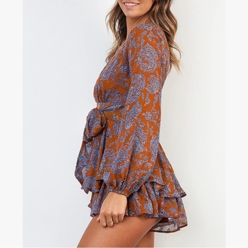 Floral Print Blue and Orange V Neck Long Sleeve Tiered Ruffle Romper - Small - Picture 3 of 10